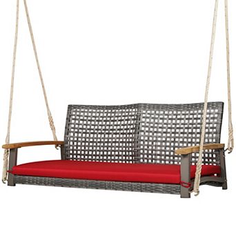 Gymax Rattan Patio Porch Swing 2-Person Cushioned Swing Chair Bench w/ Hanging Ropes