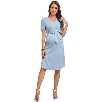 Women Maternity Casual Pleated A Line Waistband Short Sleeve V Neck Knit Sundress