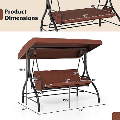 Gymax 3-Seat Patio Swing w/ Canopy & Removable Cushions & Side Pockets Stand
