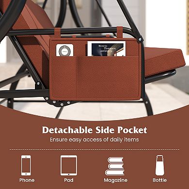 Gymax 3-Seat Patio Swing w/ Canopy & Removable Cushions & Side Pockets Stand
