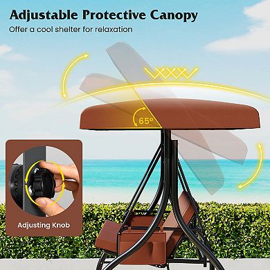 Gymax 3-Seat Patio Swing w/ Canopy & Removable Cushions & Side Pockets Stand