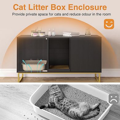 Double Cat Litter Box Enclosure for 2 Cats, Kitty Furniture with Fluted Doors & Scratch Pad,TV Stand