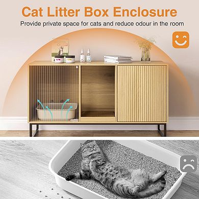Double Cat Litter Box Enclosure for 2 Cats, Kitty Furniture with Fluted Doors & Scratch Pad,TV Stand