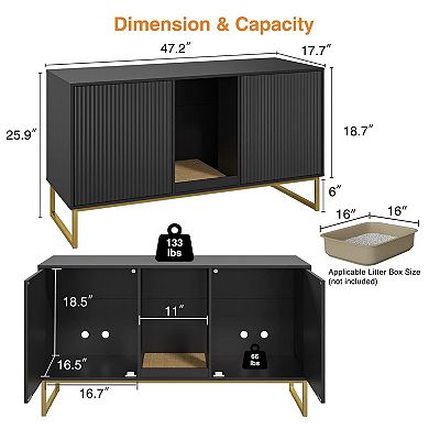 Double Cat Litter Box Enclosure for 2 Cats, Kitty Furniture with Fluted Doors & Scratch Pad,TV Stand