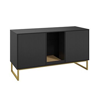 Double Cat Litter Box Enclosure for 2 Cats, Kitty Furniture with Fluted Doors & Scratch Pad,TV Stand