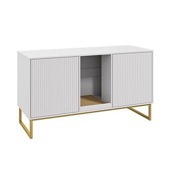 Double Cat Litter Box Enclosure for 2 Cats, Kitty Furniture with Fluted Doors & Scratch Pad,TV Stand