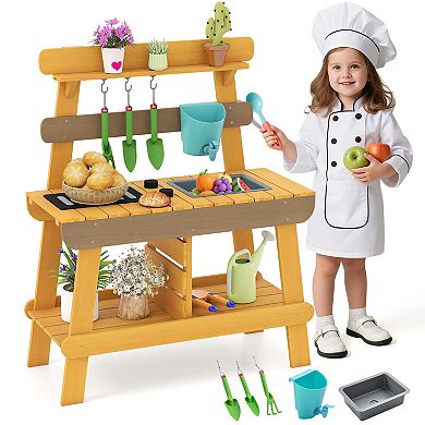 Gymax Play Kitchen for Kids w/ Removable Faucet Sink Grill Rack Rotation Knobs