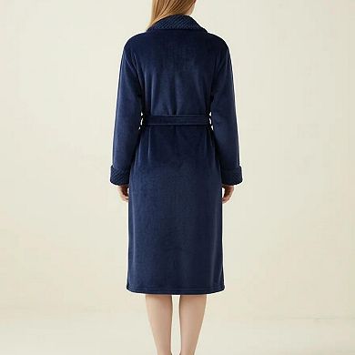 Women's Long Plush Robe with Shawl Collar Tie Waist Belt Front Pockets Soft Fleece Robe
