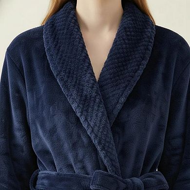 Women's Long Plush Robe with Shawl Collar Tie Waist Belt Front Pockets Soft Fleece Robe