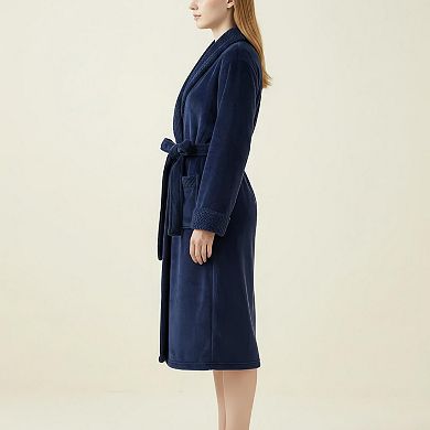 Women's Long Plush Robe with Shawl Collar Tie Waist Belt Front Pockets Soft Fleece Robe