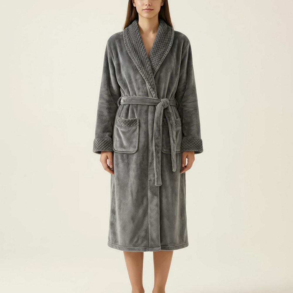 Women's Long Plush Robe with Shawl Collar Tie Waist Belt Front Pockets ...