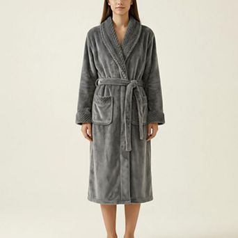 Women's Long Plush Robe with Shawl Collar Tie Waist Belt Front Pockets Soft Fleece Robe