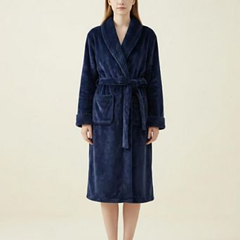 Women's Long Plush Robe with Shawl Collar Tie Waist Belt Front Pockets Soft Fleece Robe