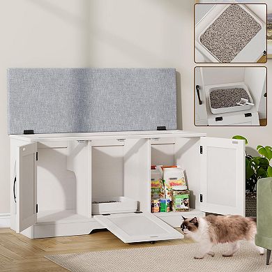 Farmhouse Flip Top Cat Litter Box Enclosure with Cushion, 3 Doors & Storage for Cats