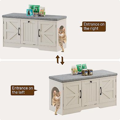 Farmhouse Flip Top Cat Litter Box Enclosure with Cushion, 3 Doors & Storage for Cats