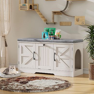 Farmhouse Flip Top Cat Litter Box Enclosure with Cushion, 3 Doors & Storage for Cats