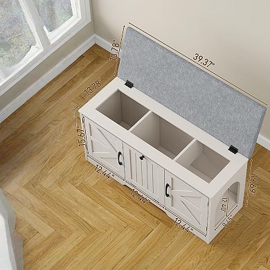 Farmhouse Flip Top Cat Litter Box Enclosure with Cushion, 3 Doors & Storage for Cats