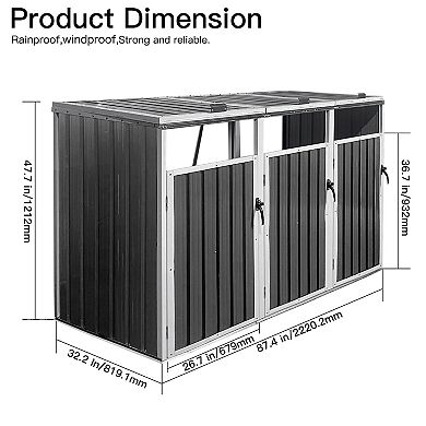 Circuit Terra 3-Bin Metal Outdoor Garbage Shed Galvanized Steel, Lockable, Trash Can Storage