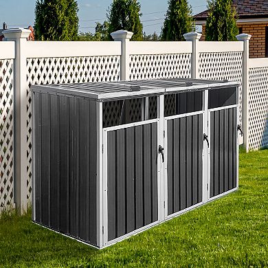 Circuit Terra 3-Bin Metal Outdoor Garbage Shed Galvanized Steel, Lockable, Trash Can Storage