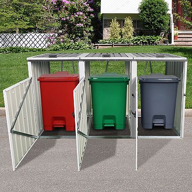 Circuit Terra 3-Bin Metal Outdoor Garbage Shed Galvanized Steel, Lockable, Trash Can Storage