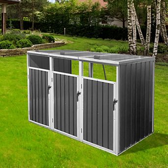 Circuit Terra 3-Bin Metal Outdoor Garbage Shed Galvanized Steel, Lockable, Trash Can Storage