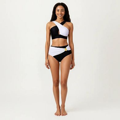 Women's 2-Piece Bikini Set with Cross Front Strap Color Block Top Cutout Detail High Waisted Bottom