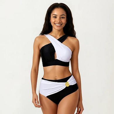 Women's 2-Piece Bikini Set with Cross Front Strap Color Block Top Cutout Detail High Waisted Bottom