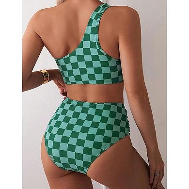 Women's One Shoulder Checkered Bikini Set High Waisted Ruched Two Piece Swimsuit