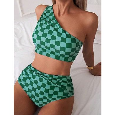 Women's One Shoulder Checkered Bikini Set High Waisted Ruched Two Piece Swimsuit