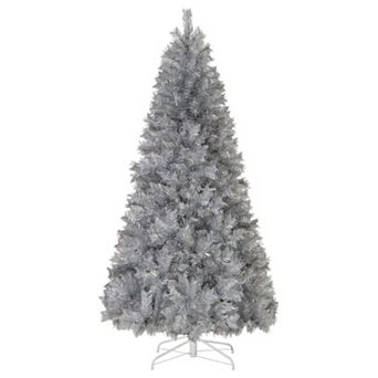 Gymax 5/6/7 FT Pre-Lit Artificial Christmas Tree Silver Tinsel Hinged Xmas Tree