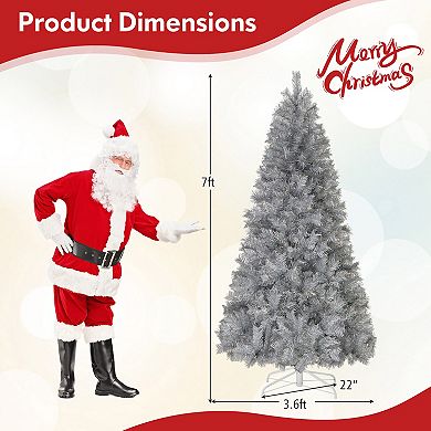 Gymax 5/6/7 FT Pre-Lit Artificial Christmas Tree Silver Tinsel Hinged Xmas Tree