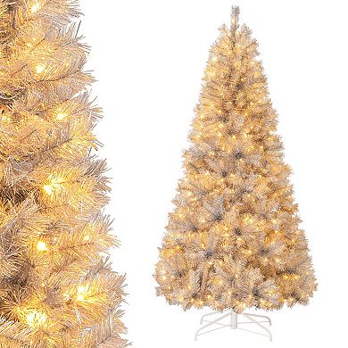 Gymax 5/6/7 FT Pre-Lit Artificial Christmas Tree Silver Tinsel Hinged Xmas Tree