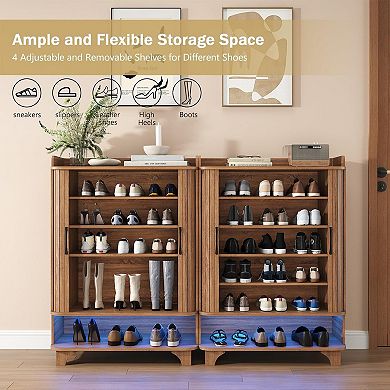 6-Tier Shoe Cabinet with Fluted Sliding Tambour Doors, Entryway Shoe Storage Cabinet with Led Light