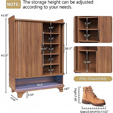 6-Tier Shoe Cabinet with Fluted Sliding Tambour Doors, Entryway Shoe Storage Cabinet with Led Light