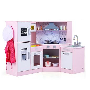 Gymax Kids Corner Kitchen Playset Wooden Pretend Play Toy w/ Microwave & Ice Maker