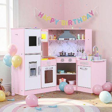 Gymax Kids Corner Kitchen Playset Wooden Pretend Play Toy w/ Microwave & Ice Maker