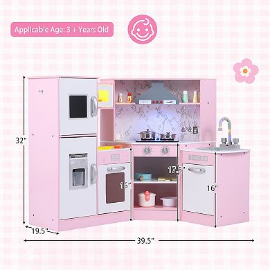 Gymax Kids Corner Kitchen Playset Wooden Pretend Play Toy w/ Microwave & Ice Maker