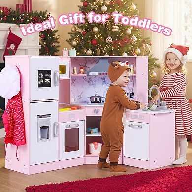 Gymax Kids Corner Kitchen Playset Wooden Pretend Play Toy w/ Microwave & Ice Maker