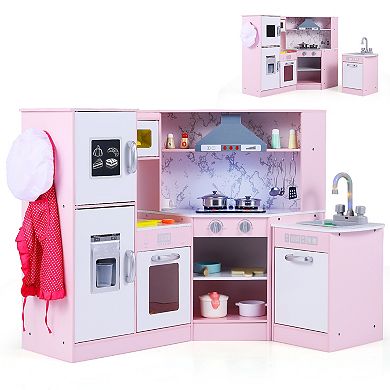 Gymax Kids Corner Kitchen Playset Wooden Pretend Play Toy w/ Microwave & Ice Maker