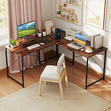 Gymax L-Shaped Reversible Computer Desk 2-Person Long Table w/Monitor Stand Rustic