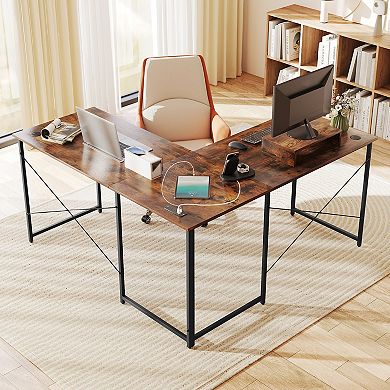 Gymax L-Shaped Reversible Computer Desk 2-Person Long Table w/Monitor Stand Rustic