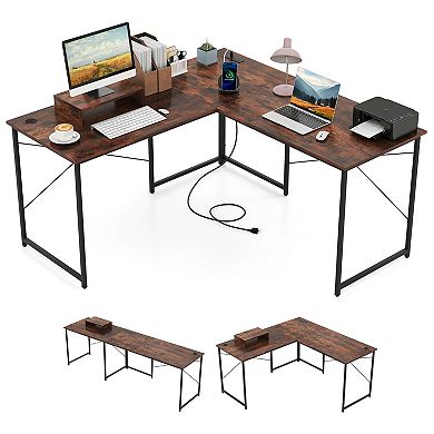 Gymax L-Shaped Reversible Computer Desk 2-Person Long Table w/Monitor Stand Rustic