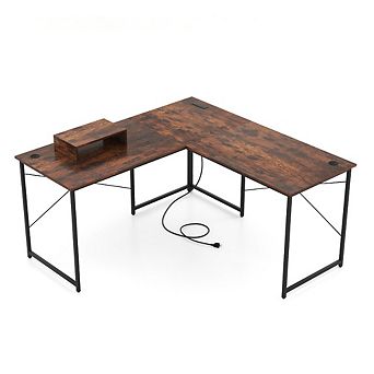 Gymax L-Shaped Reversible Computer Desk 2-Person Long Table w/Monitor Stand Rustic