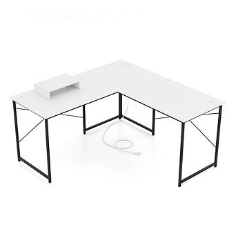 Gymax L-Shaped Reversible Computer Desk 2-Person Long Table w/Monitor Stand Rustic