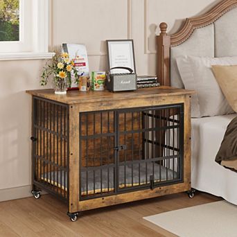 Dog Crate Furniture, Wooden Dog Kennel Indoor for Medium/Large Dogs, Pet Cage with Multiple Locks