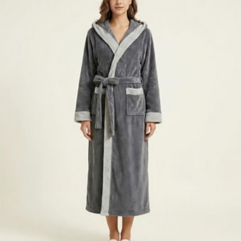 Women's Long Plush Hooded Robe with Contrast Trim Tie Waist Belt Front Pockets Soft Fleece Robe