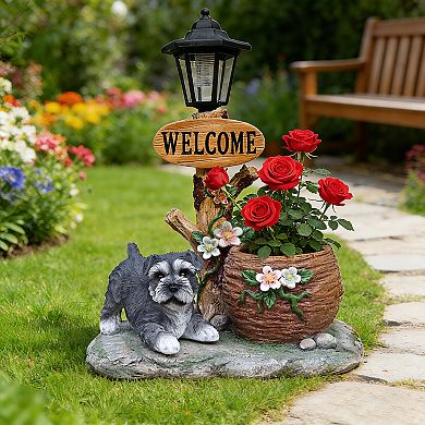 Schnauzer Dog Solar Planter Statue with LED Light Flower Pot & Lawn Ornament for Patio Yard
