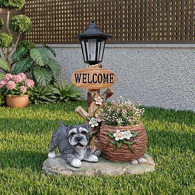 Schnauzer Dog Solar Planter Statue with LED Light Flower Pot & Lawn Ornament for Patio Yard