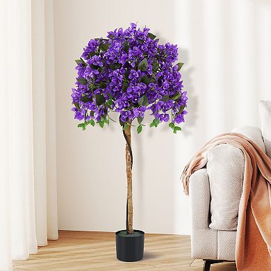 Gymax 53'' Artificial Azalea Tree Faux Floral Plant w/ Red Azalea Flowers Nursery Pot