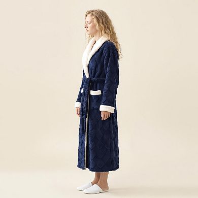 Women's Plush Long Robe with Contrast Trim Shawl Collar Tie Waist Belt Soft Textured Warm